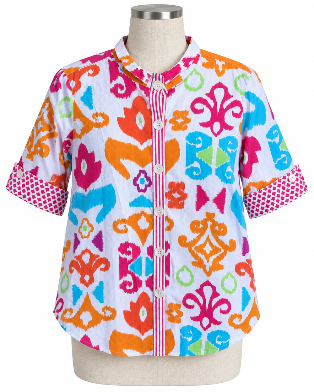 Vintage 90s Women's Colorful Abstract Print Shirt Short Sleeve Button Up Medium